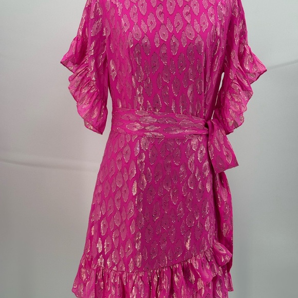 LILLY PULITZER Hot Pink Metallic Foil Wrap Dress Ruffle Hem Cocktail Dress - Picture 10 of 17